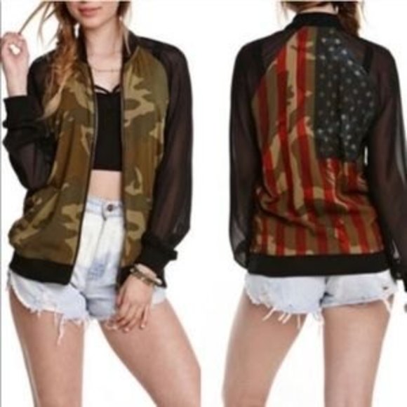 Kendall & Kylie Jackets & Blazers - KENDALL & KYLIE Rayon Camo Zip Front American Flag Lightweight Jacket * SZ M